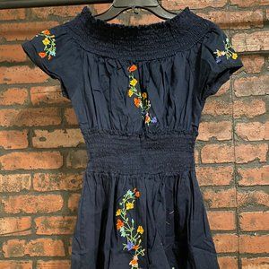 Dark Blue Off-Shoulder Dress w/ Floral Detail